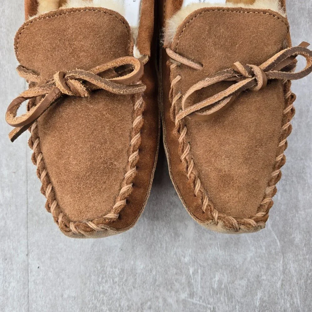 LL Bean Moccasin Loafers Kids 3 Brown Suede Fur Lined Slip On Southwestern Shoe